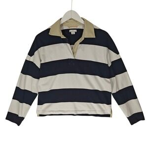 LL Bean Signature Womens Navy White Striped Rugby Shirt Cotton M 521790